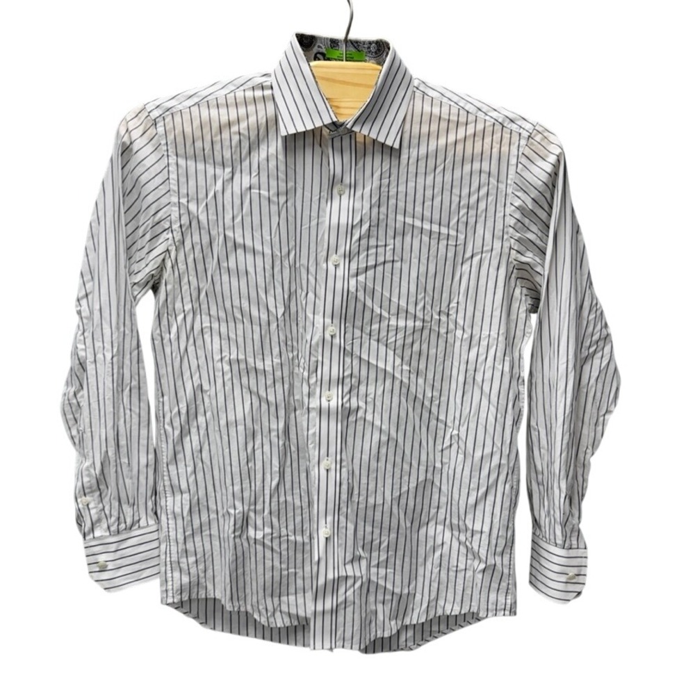 Bristol & Bull Mens Large Striped Dress Shirt Black White Cotton Paisley Trim